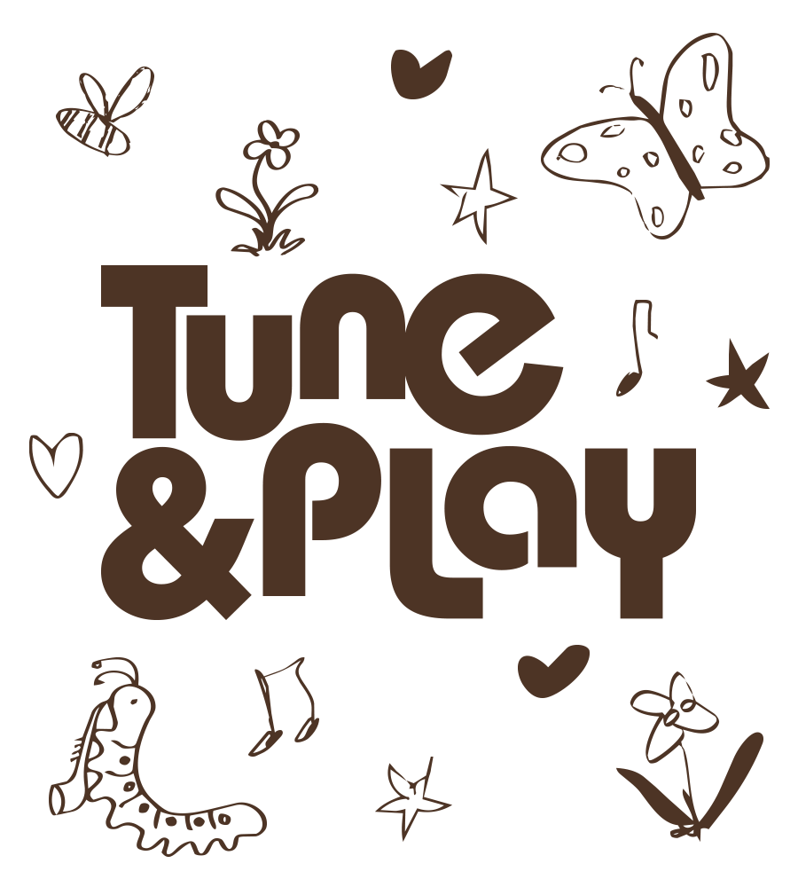 A square graphic with the words 'Tune & Play' in large brown rounded letters, surrounded by simple brown doodles including a butterfly, flower, star, heart, caterpillar, and musical notes on a white background.